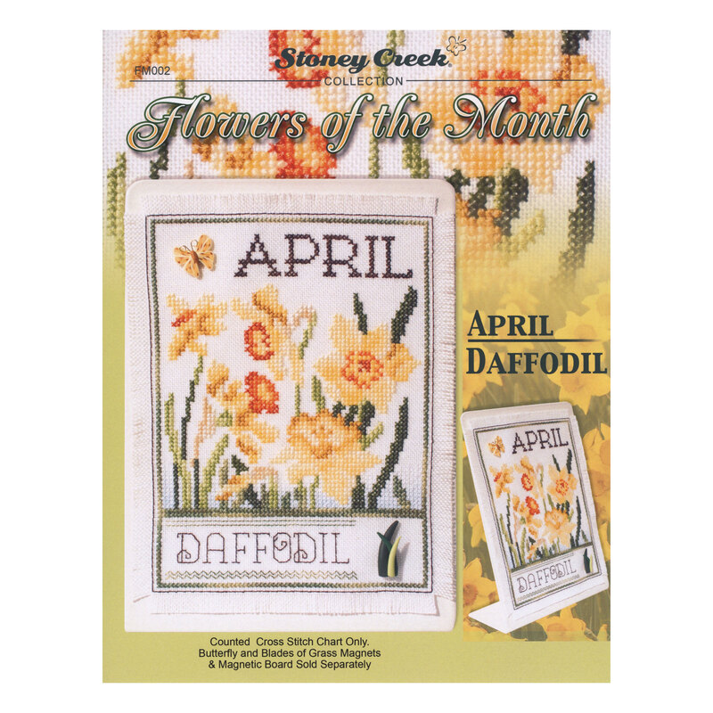 Front cover of the cross stitch pattern with the finished project shown in an enlarged version and a version on a magnet board.