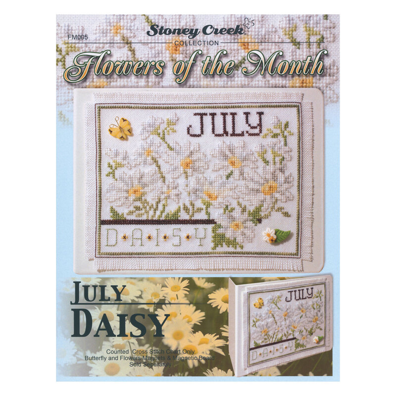 Front cover of the cross stitch pattern with the finished project shown in an enlarged version and a version on a magnet board.