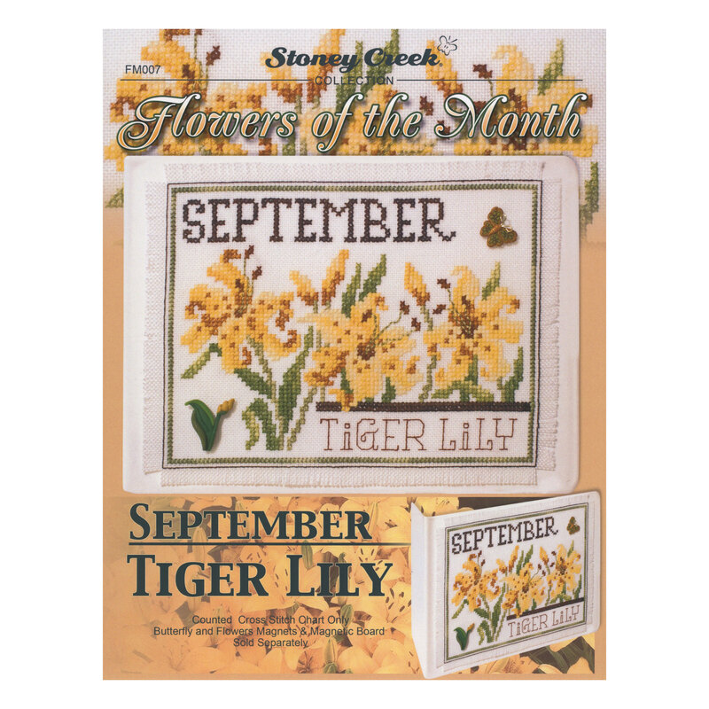 Front cover of the cross stitch pattern with the finished project shown in an enlarged version and a version on a magnet board.