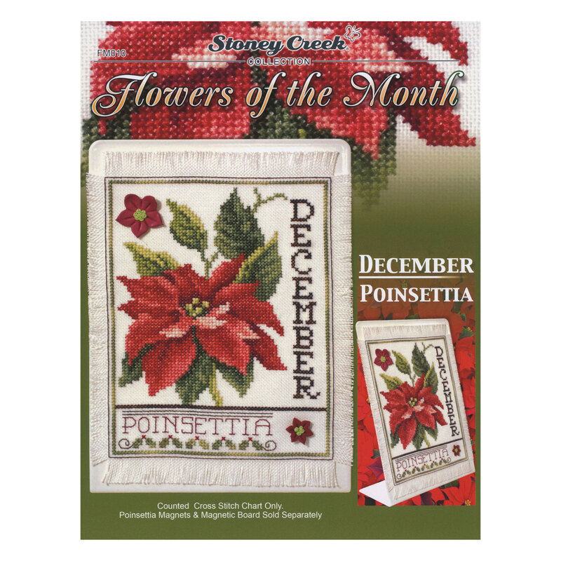 Front cover of the cross stitch pattern with the finished project shown in an enlarged version and a version on a magnet board.