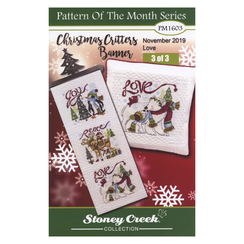 Front cover of the cross stitch pattern with the finished projects displayed on a red and cream snowflake-covered background.
