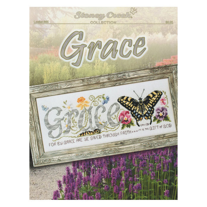 Front cover image of the Grace cross stitch pattern by Stoney Creek featuring butterflies, bugs, and florals with the word "grace" completed and framed.