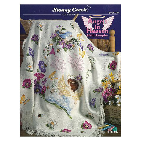 front cover of the Angels In Heaven Birth Sampler pattern featuring the finished cross stitch afghan.