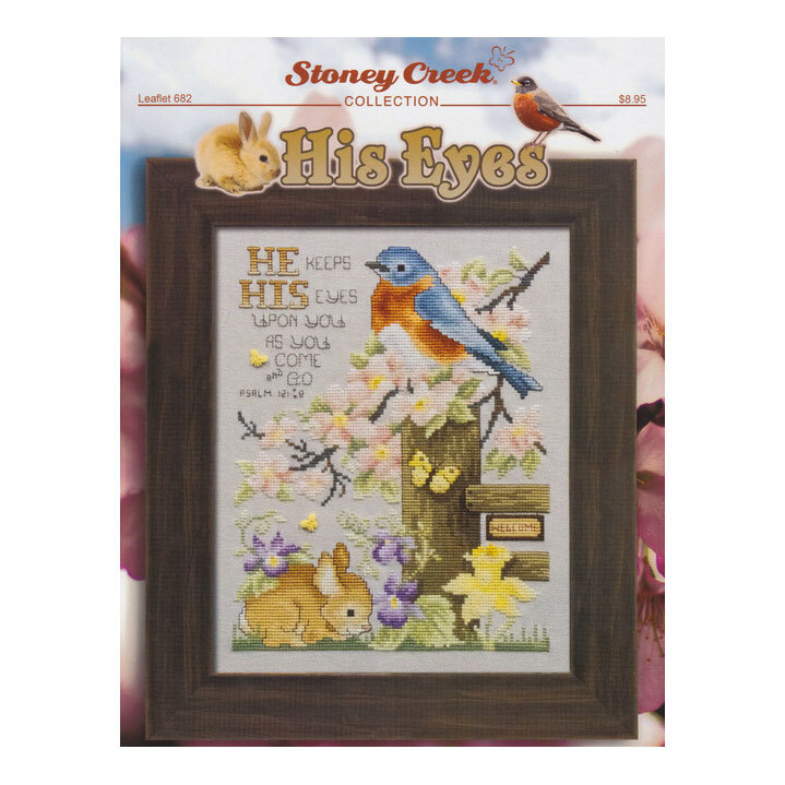 front cover of the His Eyes cross stitch pattern featuring a bluebird and a bunny with florals, and a bible text.