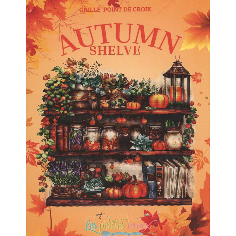 Cross stitch pattern of a autumn-themed shelf with pumpkins, jars, books, flowers, and lanterns.