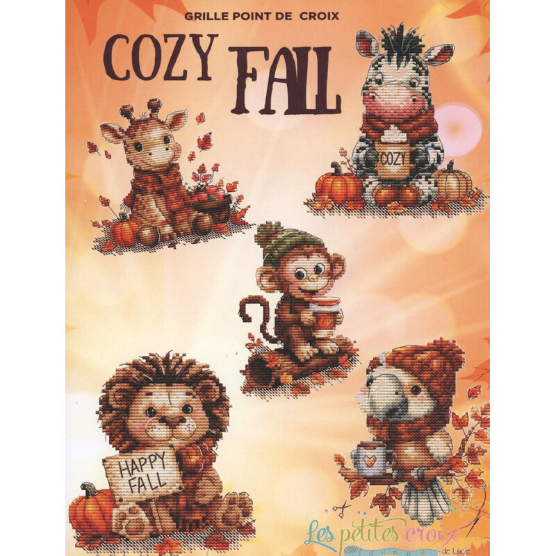 Autumn-themed cross-stitch pattern with five cozy animal characters and the text “Cozy Fall.”