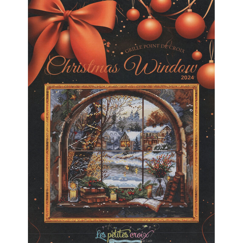 Christmas Window 2024 cover with festive red bows, ornaments, and a winter village scene.