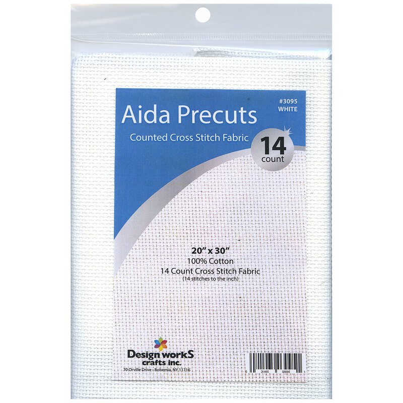 Package of Design Works Aida Precuts white 14-count cross stitch fabric measuring 20 inches by 30 inches.