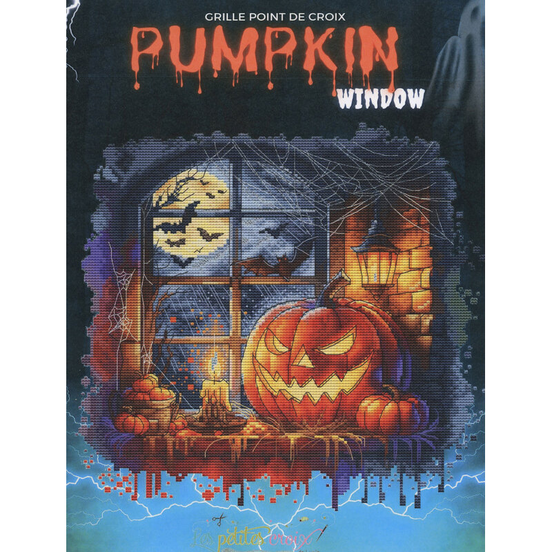 Cross-stitch pattern of pumpkin window with jack-o’-lanterns and moonlit scene