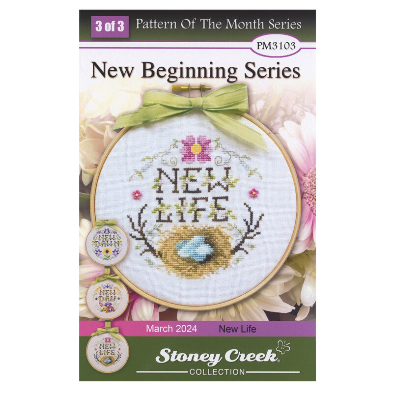 Front cover of the cross stitch pattern with the finished project shown in a hoop with a green bow.