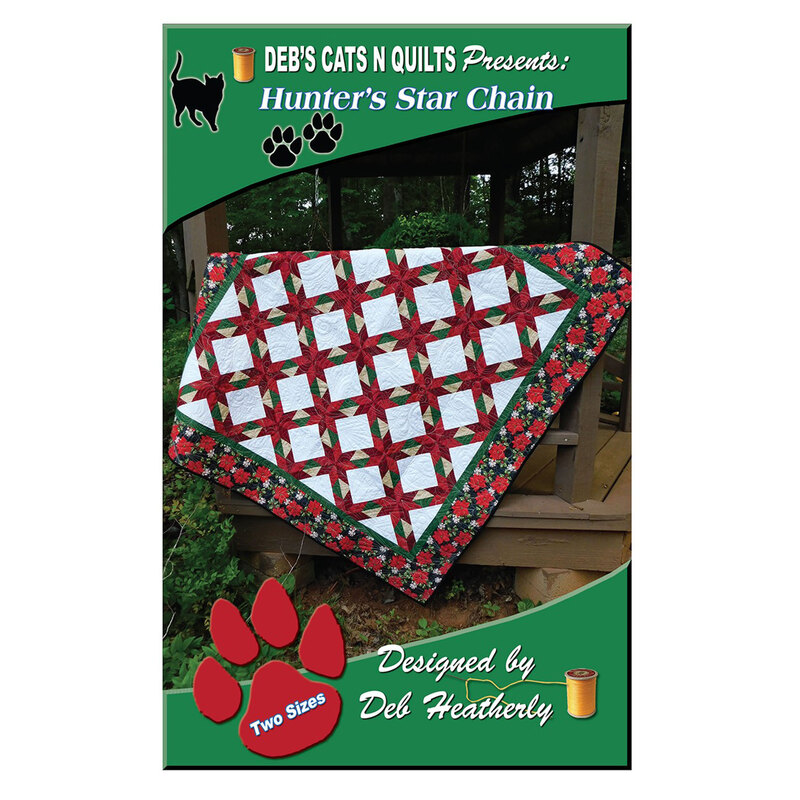Front cover of the pattern showing the completed project in red, white, and green fabrics, staged on a woodsy gazebo.