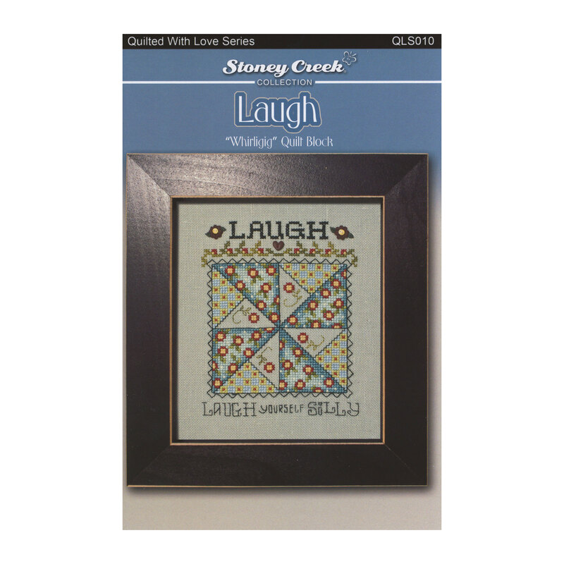 Front of cross stitch pattern showing the finished Quilted With Love Series Laugh design displayed in a frame.