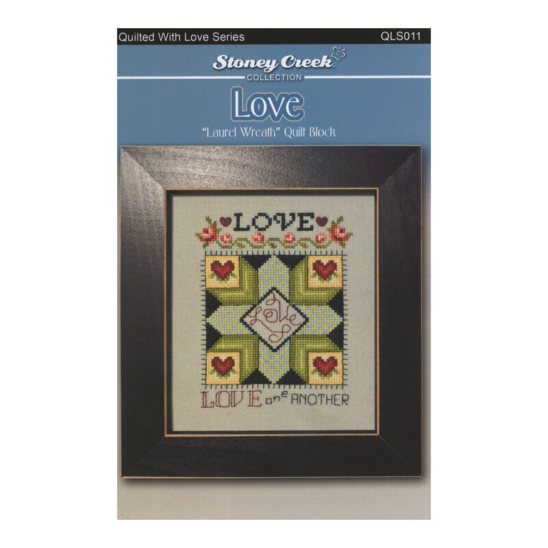 Front of cross stitch pattern showing the finished Quilted With Love Series Love design displayed in a frame.