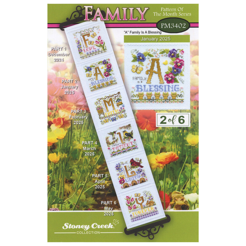 Front cover of the cross stitch pattern with the finished project stitched on an Anne cloth banner.