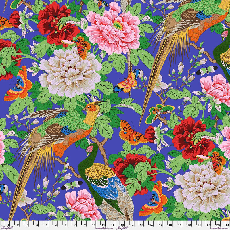 Royal purple fabric with a lush spread of tropical birds, florals, and butterflies in a rainbow of colors.