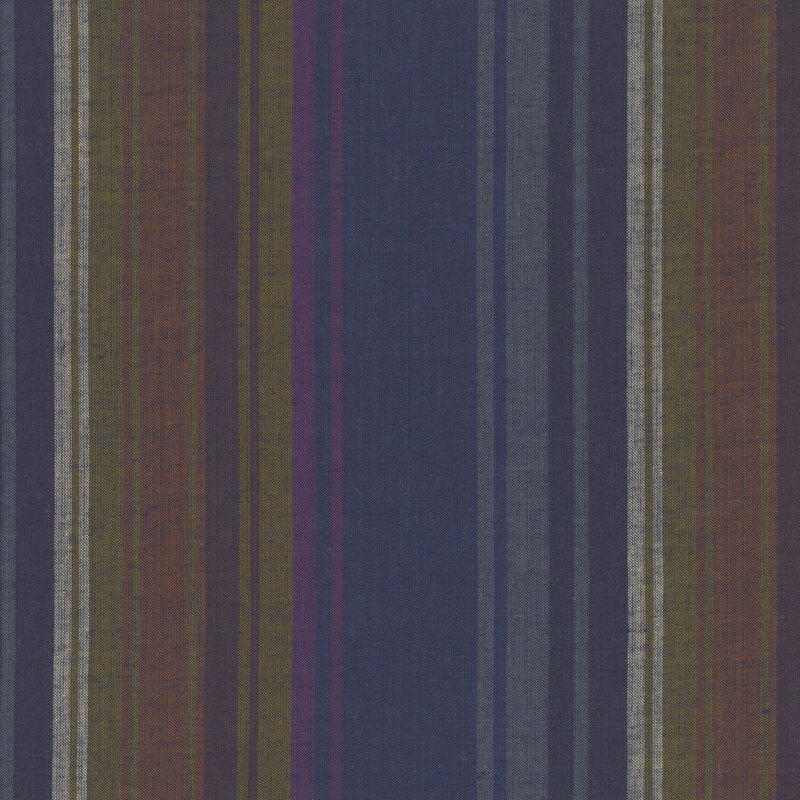 rhythmic vertical stripe in dark, muted shades of denim, purple, muted gold, muted orange, and white