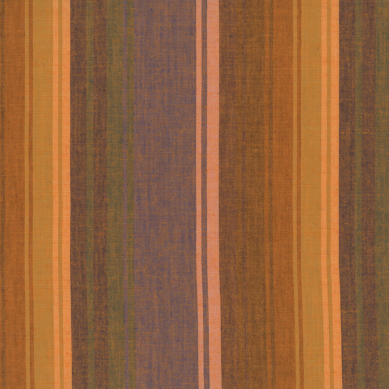 rhythmic vertical stripe in warm earthy shades of brown, brass, dark blue, pink, and dark green,
