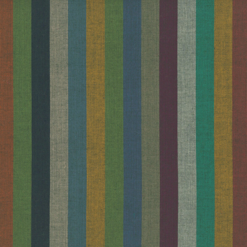 woven fabric featuring broad vertical stripes in cool earthy hues of green, turquoise, gold, blue, and rust