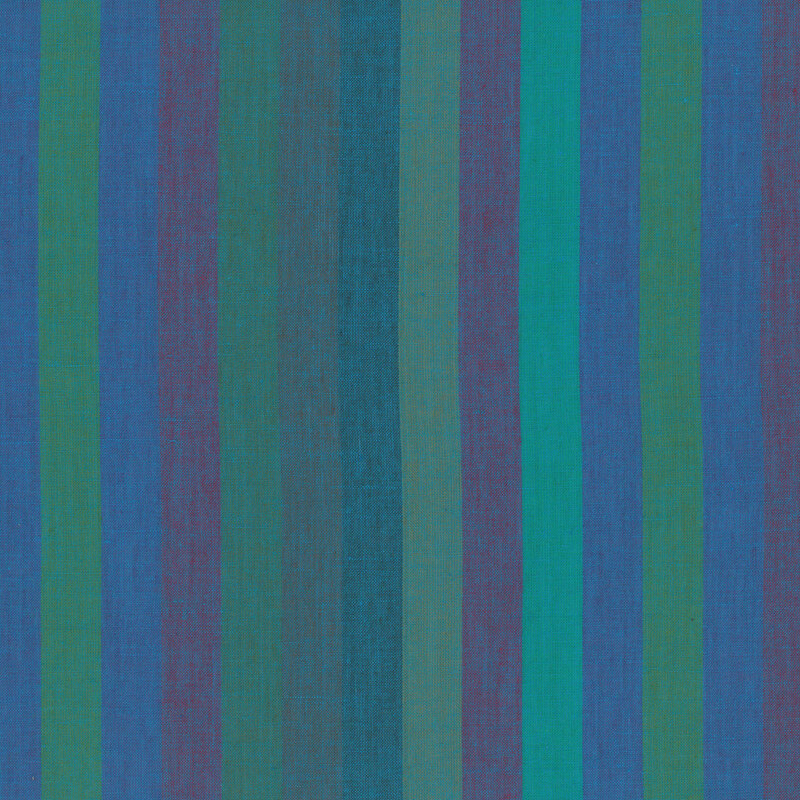 woven fabric featuring broad vertical stripes in cool hues of teal, turquoise, ocean blue, aqua, royal, and dark purple, 