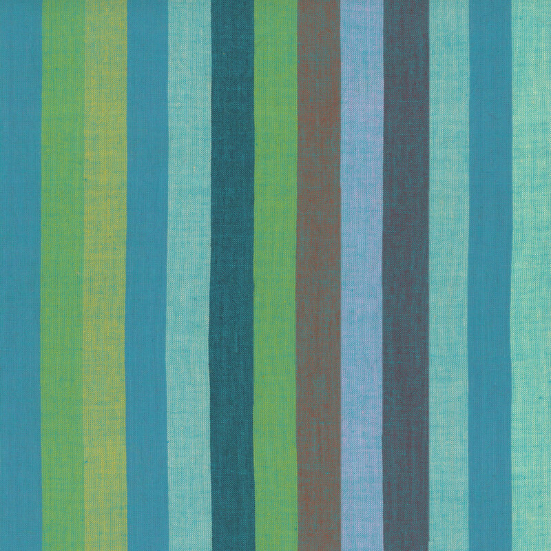 woven fabric featuring broad vertical stripes in cool hues of lime, spring green, aqua, teal, ice blue, and dark browns.