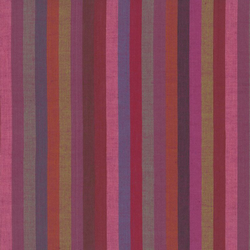 woven fabric featuring narrow vertical stripes in hues of wine, magenta, burgundy, gray, denim, brick, and lemongrass