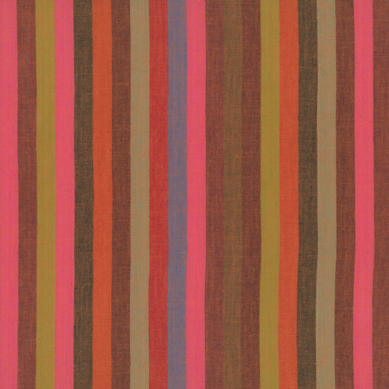 woven fabric featuring narrow vertical stripes in hues of tomato, bright pink, maroon, palomino, dusty lime, and hunter green.