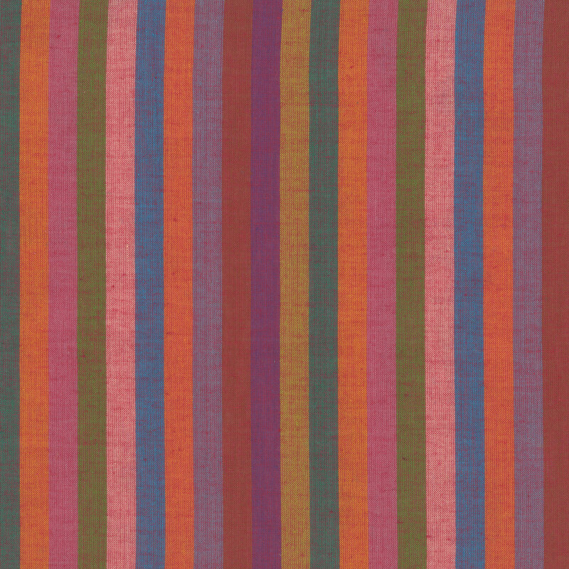 woven fabric featuring narrow vertical stripes in hues of orange, magenta, pink, blue, olive, gold, and perwinkle.