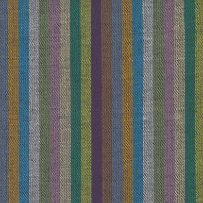 woven fabric featuring narrow vertical stripes in hues of blue, teal, turquoise, lime, lavender, and ochre