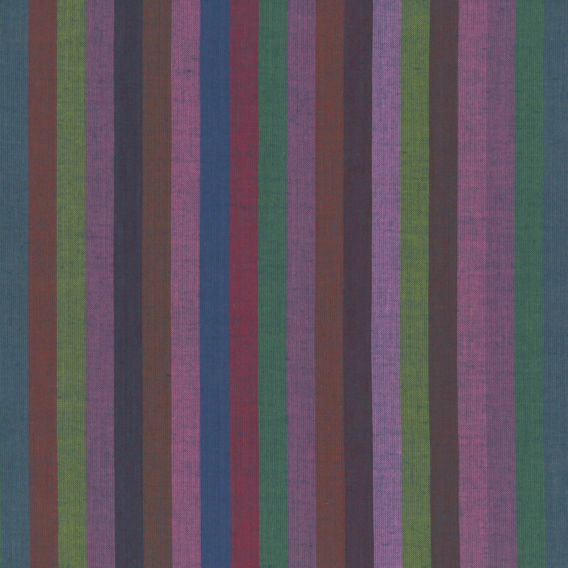 woven fabric featuring narrow vertical stripes in dark hues of teal, ocean blue, green, lime, lilac, brown, and garnet.