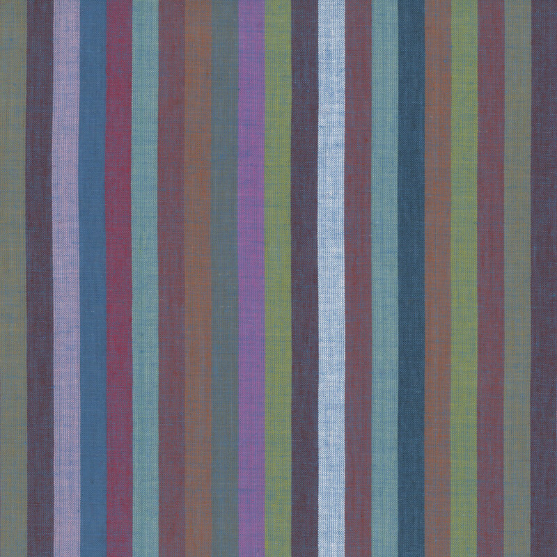 woven fabric featuring narrow vertical stripes in hues of gray, plum, ice blue, pale olive, dark blue, purple, and mulberry