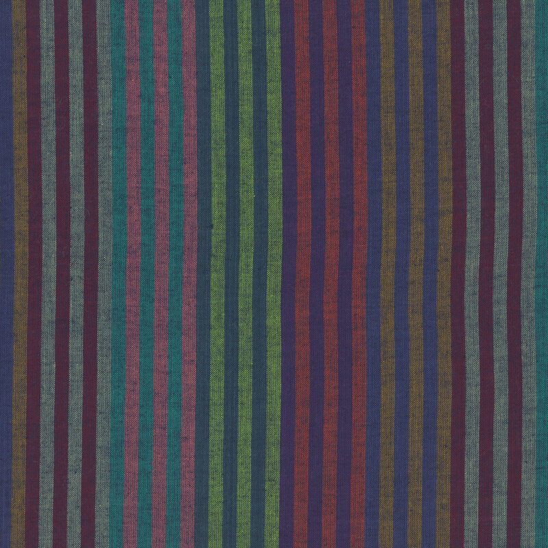 woven fabric featuring vertical caterpillar stripes in shades of gray/wine, aqua/pink, green/teal, orange/purple, and blue/yellow