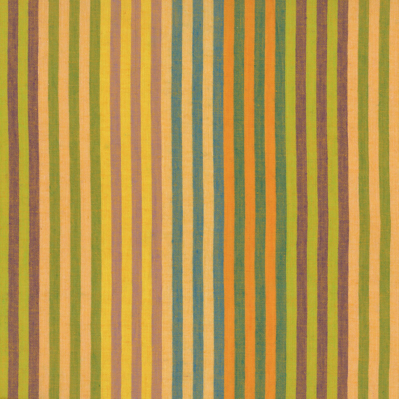 woven fabric featuring vertical caterpillar stripes in shades of lime/dark magenta, nude/green, yellow/dusty mauve, buff/teal, and orange/turquoise 