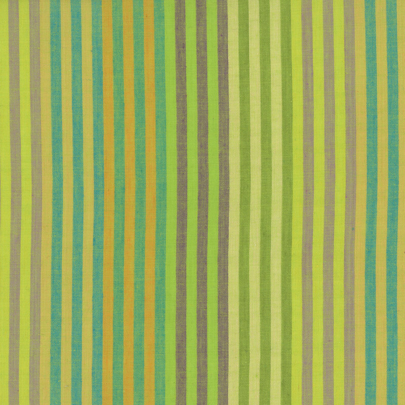 woven fabric featuring vertical caterpillar stripes in shades of citrus/pale mauve, lemongrass/peacock blue, brassy yellow/cottage blue, lime/purple, and pale green/basil