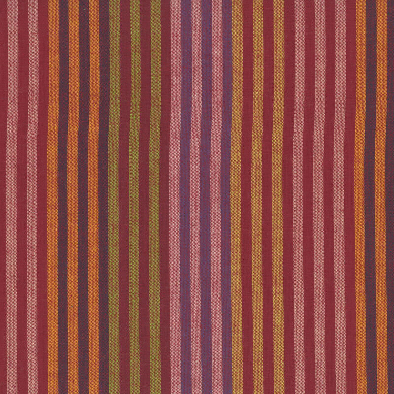 woven fabric featuring vertical caterpillar stripes in shades of pale red, ochre, lime, pale yellow with wine and purple.