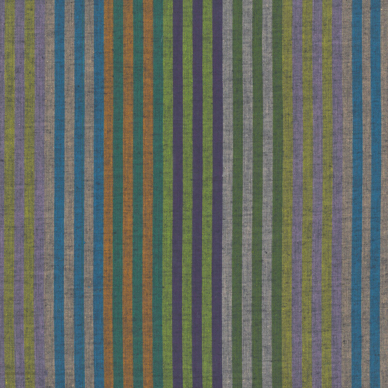 woven fabric featuring vertical caterpillar stripes in shades of citrus/grey, light stone/ocean blue, light orange/turquoise, lime/dark purple, cloud/herb green.