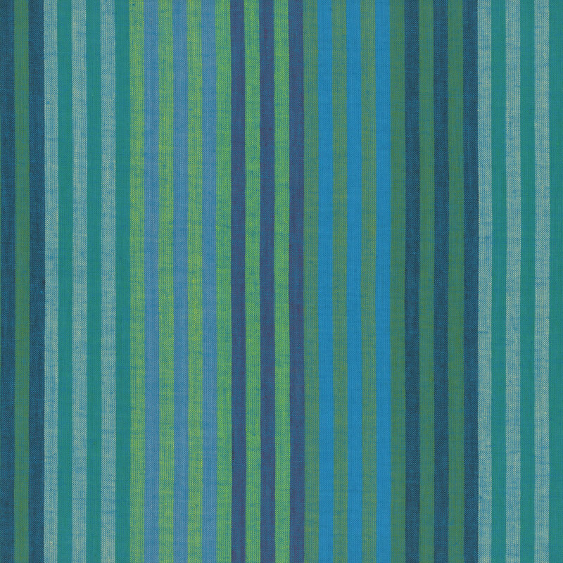 woven fabric featuring vertical caterpillar stripes in shades of teal, aqua, turquoise, bright sky, and dark blue.
