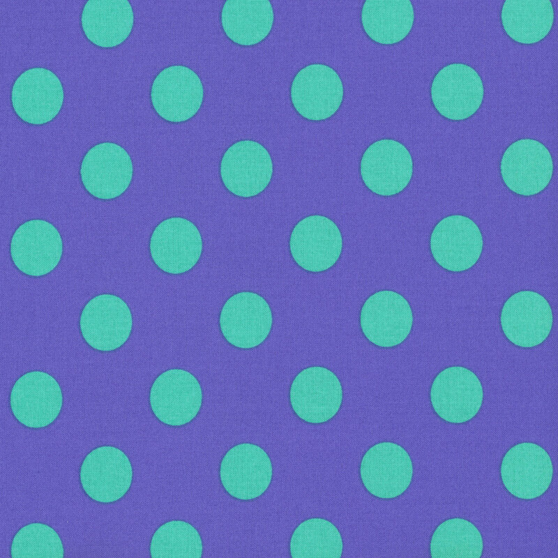 Iris blue/purple fabric adorned with a pattern of large, vibrant teal green polka dots.