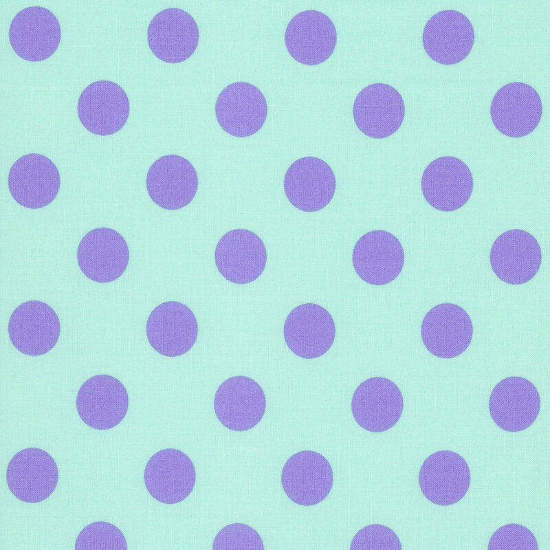 Aqua fabric adorned with a pattern of large, vibrant iris blue polka dots.