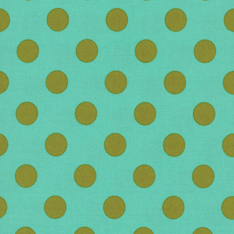 Viridian fabric adorned with a pattern of large green polka dots.