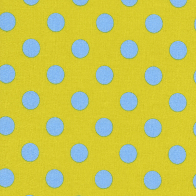 Green fabric adorned with a pattern of large, vibrant teal blue polka dots.