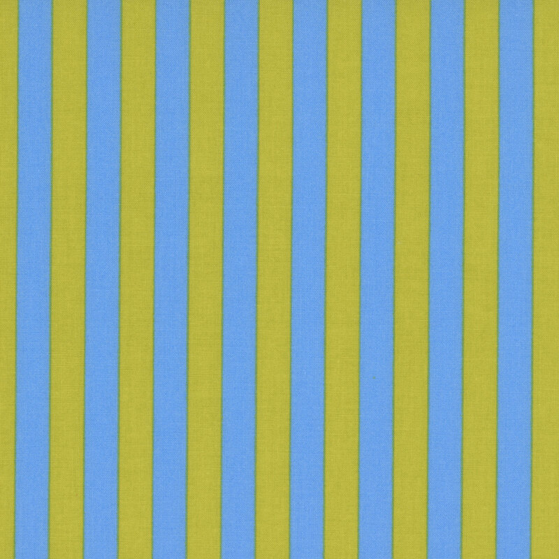 Blue fabric with a classic pattern of evenly spaced green stripes.