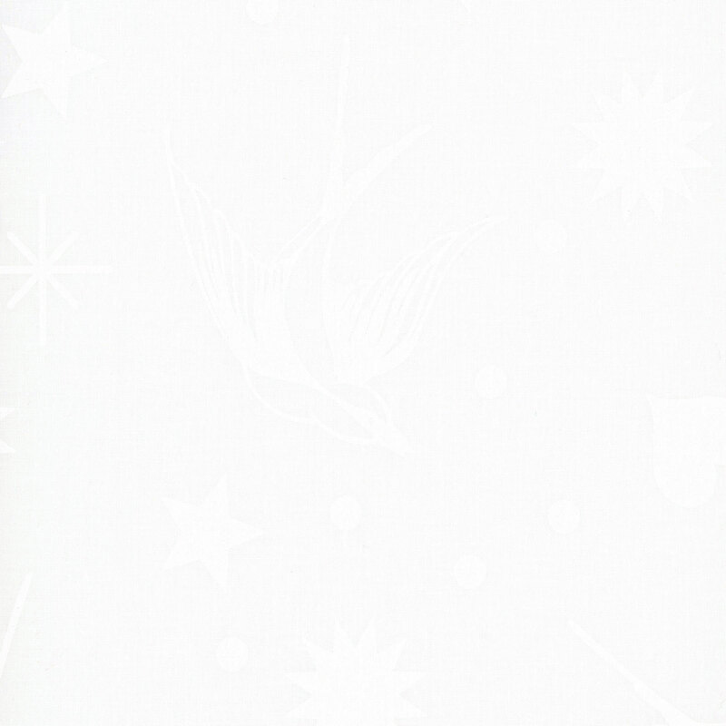White-on-white fabric with a tonal pattern of motifs such as birds, dots, stars, and hearts.