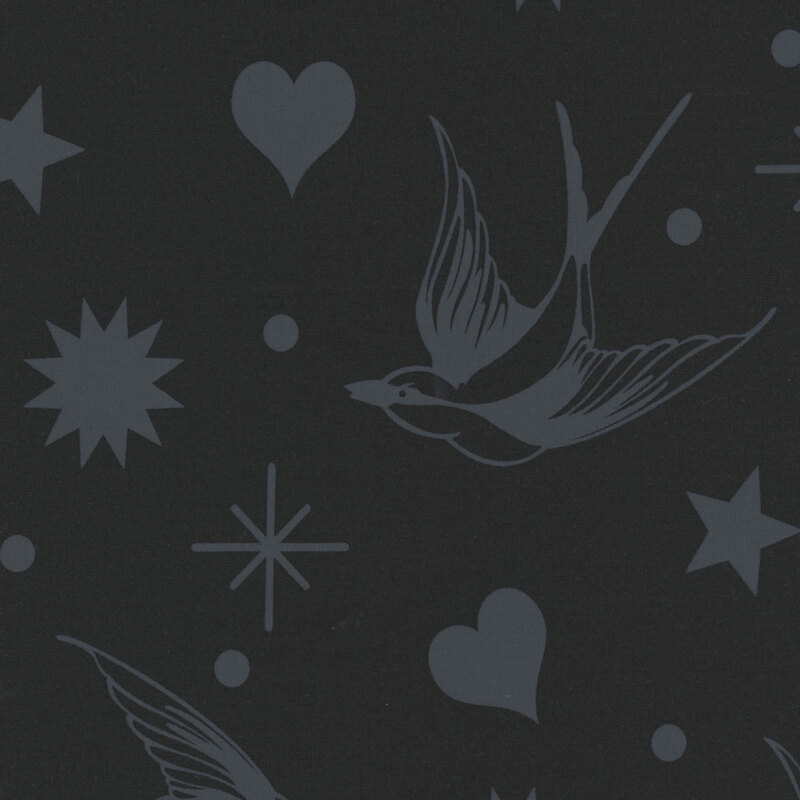 Black fabric with a tonal pattern of motifs such as birds, dots, stars, and hearts.
