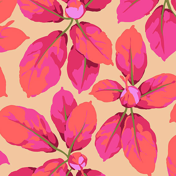 Tan fabric with bright coral and hot pink leaf and bulb clusters.