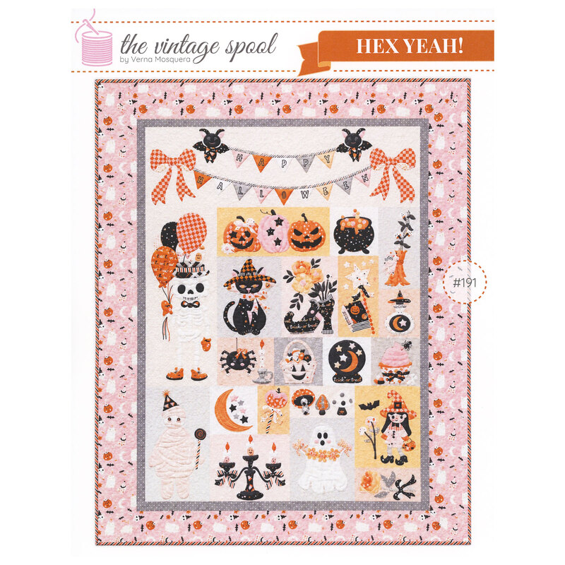 Front cover of the appliqué Halloween quilt pattern with cats, pumpkins, ghosts, bunting, and more.