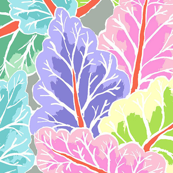 Fabric swatch featuring densely packed leaves in pastel colors with defined light blue veins and red stems.