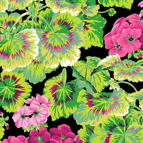 Pitch black fabric with a dense pattern of bold green foliage and bright pink florals.
