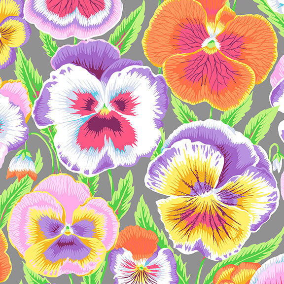 Gray fabric featuring vibrant pansies in pink, orange, yellow, purple, and white.