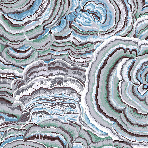 Fabric with an overlapping turkey tail mushroom design in icy gray, blue, aqua, and dark brown.