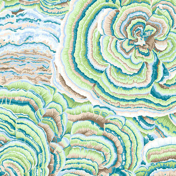 Fabric with an overlapping turkey tail mushroom design in icy blue, seafoam green, teal blue, and brown.
